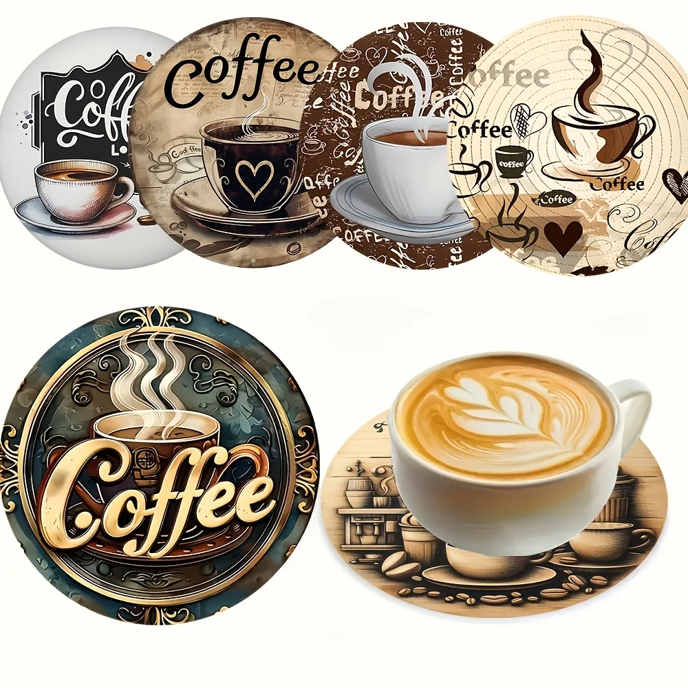 Retro Style 2D Wooden Coffee Pattern Heat-Insulating Beverage Coasters Anti-Slip Kitchen Home Decor Family Decora Tableware Gift