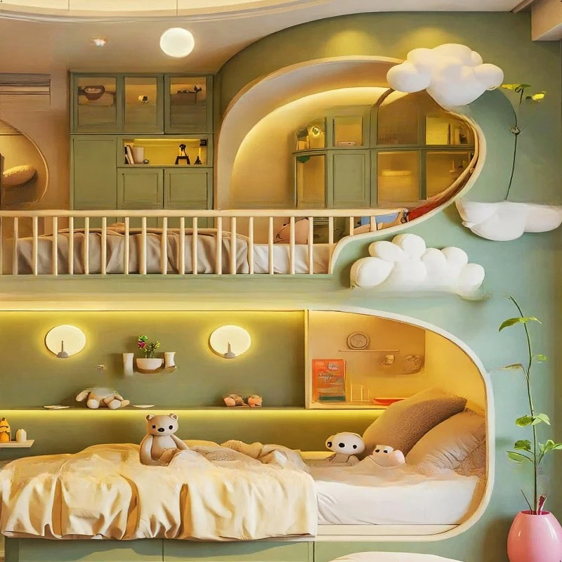 Rumah pohon di hutan, tempat tidur anak-anak, desain seperti harta karun anak laki-laki, bisa digunakan di atas dan di luar tempat tidur, hijau kecil segar dengan rak buku