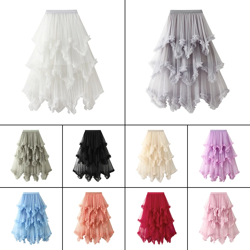 Women Summer Asymmetrical High Waist Ruffles Mesh Tutu Tulle Skirt Big Swing Fluffy Fairy Pleated Skirts Irregular Pleated Skirt