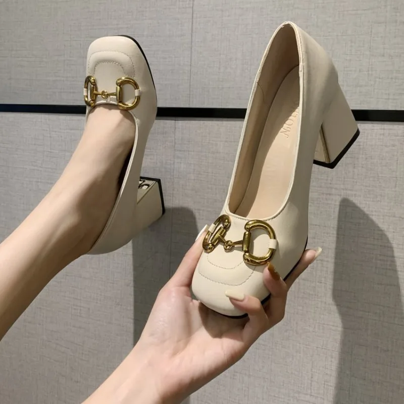 2024 New Style Women Matte Thick Heels Soft Pumps Summer Sandals Woman Retro Fashion Metal Buckle High Heels Lady Dress Shoes