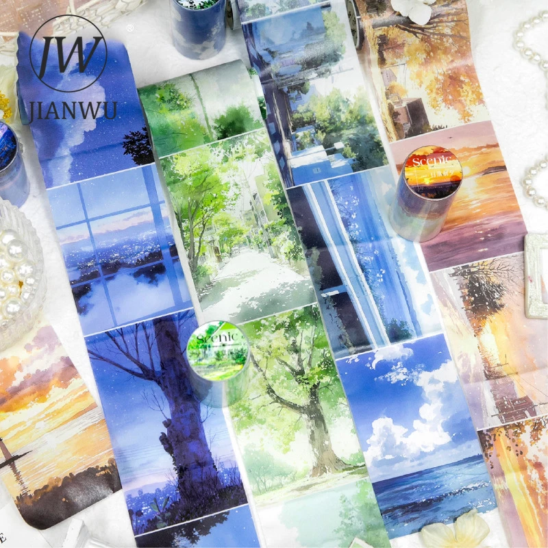 JIANWU Landscape Letters Series Vintage Night View Cloud Sea Landscape Material Collage Washi Tape Creative Journal Stationery