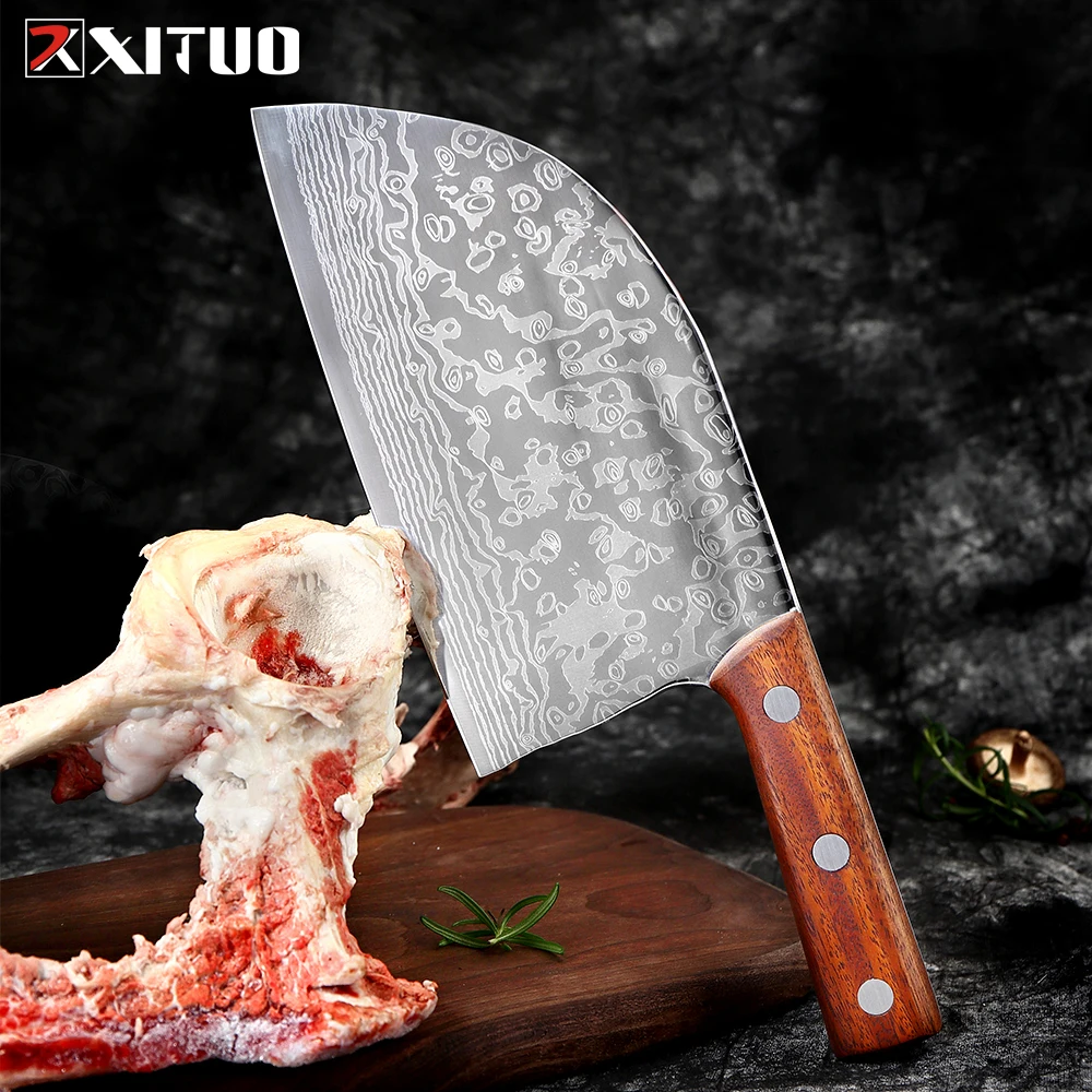 Forging Serbian Chef Knife Full Tang High Carbon Clad Steel Kitchen Chef Knife Ultra Sharp Butcher Cleaver Damascus laser patter