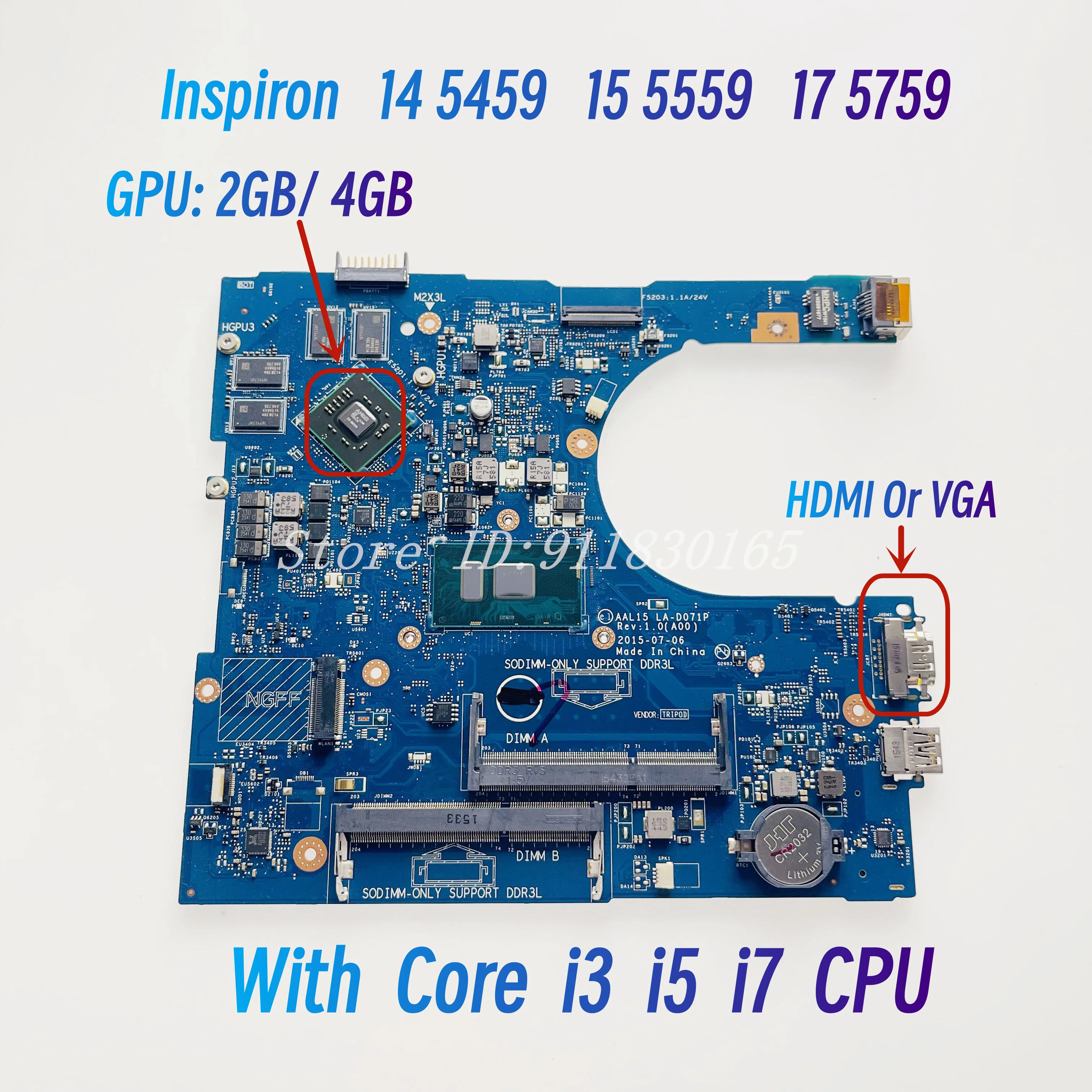 AAL15 LA-D071P For dell Inspiron 5559 5459 3459 5759 Laptop Motherboard With I3 I5 I7 CPU 2GB/4GB-GPU DDR3L CN-0F1J0W 0HYCVR