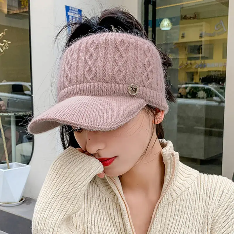 Empty Top Hat Women's Winter Knitted Hat Fashion Plus Velvet Thick Warm Baseball Hats Ear Protection Knitting Duck Tongue Cap