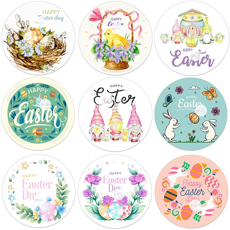 Happy Easter  Stickers Cute Rabbit Bunny Gnomes Self Adhesive Seal Label Sticker For Easter Party Gift Bag Decor Tags Handmade