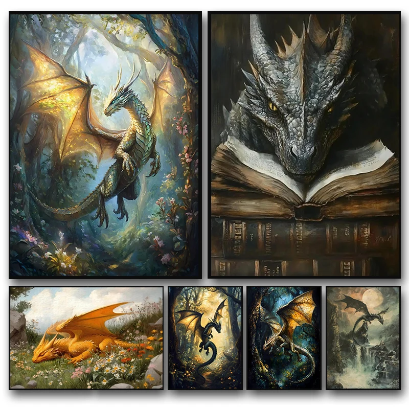 Fantasy Mysterious and Handsome Western Fairy Tales Dragon Art Posters Canvas Printing Living Room Bedroom Home Wall Decoration