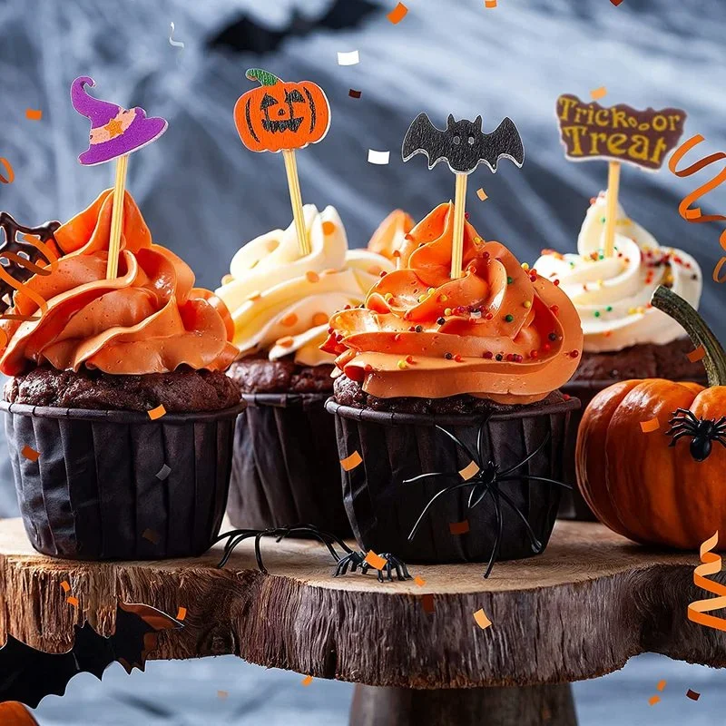 120Pcs Halloween Cocktail Picks Pumpkin Spider Ghost Bamboo Appetizer Toothpicks Dessert Sticks for Cake Food Party Decoration