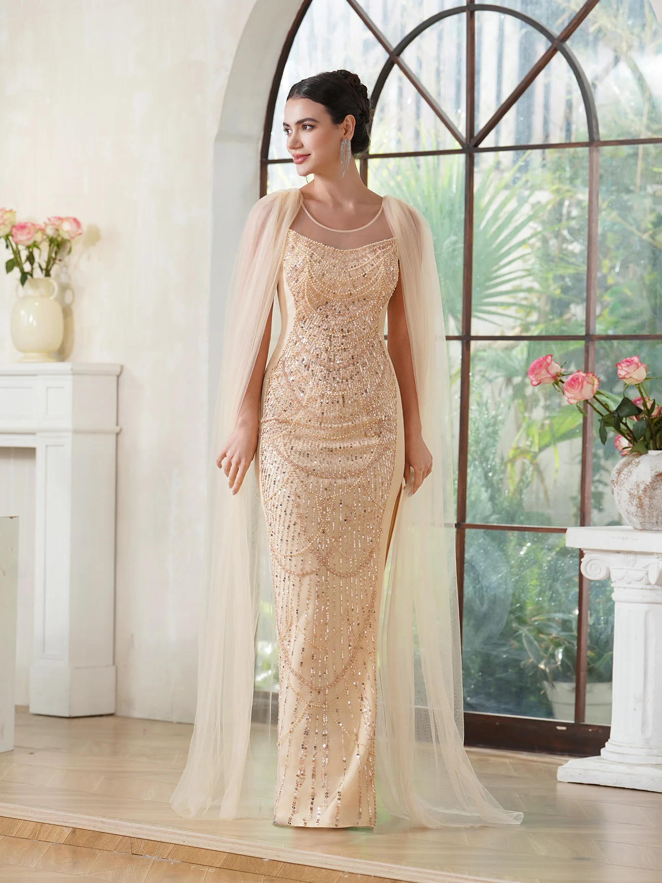 New Luxury Champagne Beading Evening Dress Sexy Side Split Celebrity Dress Decorative Chains Meimaid Dress  فساتين سهرة