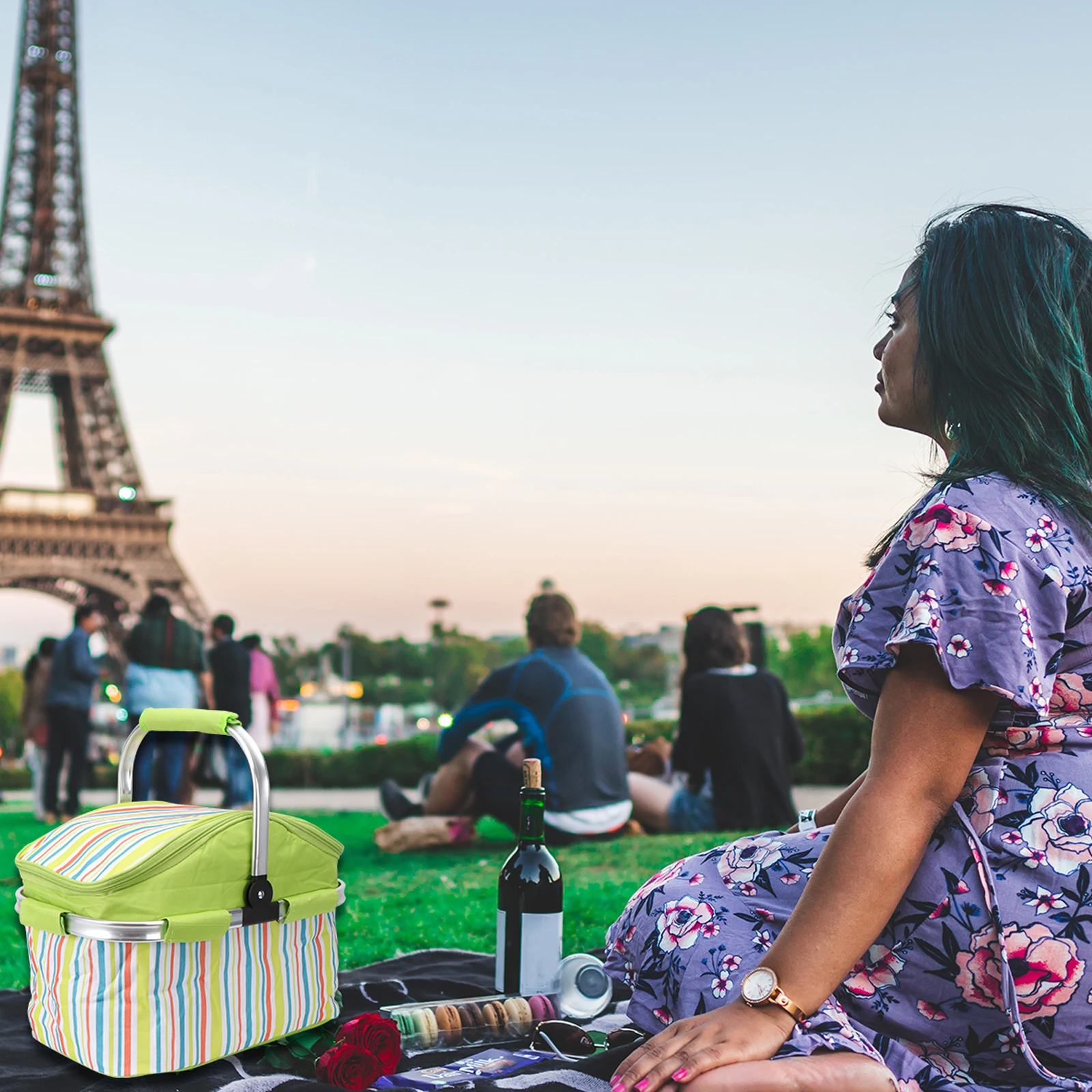 

Large Capacity Tote Bag Picnic Basket Picnic Tote Lunch Cooler Basket Portable Handle Zipper Closure Olive Green