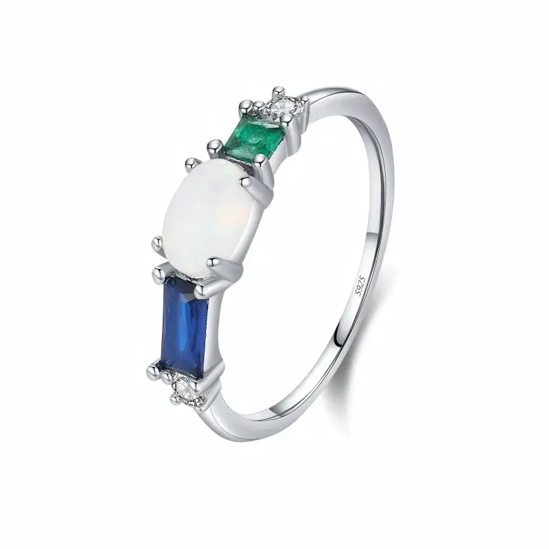BR s925 Sterling Silver Elegant White Diamond-Encrusted Ring with White, Blue, and Green Features - A Great Gift for Girlfriend