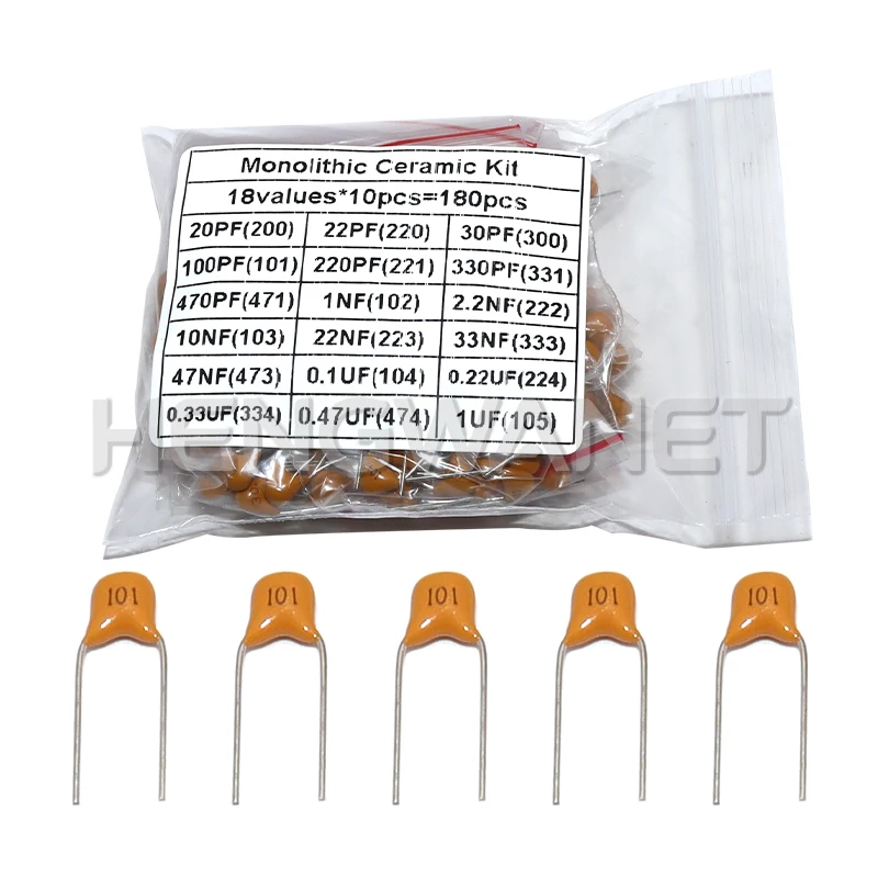 180PCS Monolithic Ceramic Capacitor Kit 18values*10pcs 20PF-1UF 50V Capacitance Assorted DIY Set