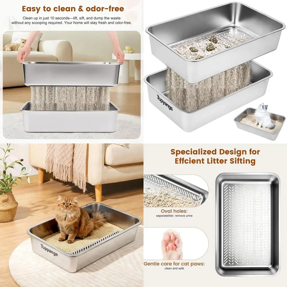 

Прочный лоток для кошек из нержавеющей стали с открытым верхом, идеально подходит для кошек, контролирует запахи, мало пыли, прост в уходе, подходит для котят.