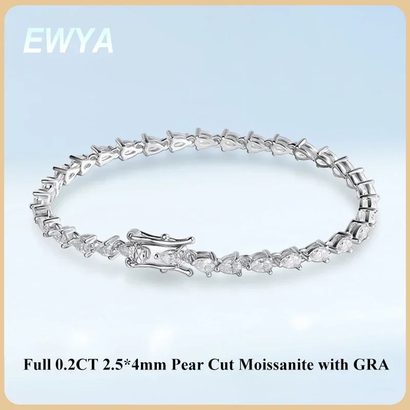 EWYA Micro 0.2/0.35CT Pear Cut D Color Full Moissanite Diamond Tennis Bracelet for Women Men 925 Silver GRA Certified Bracelets