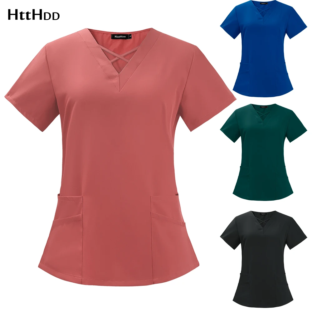 Moda cuidados de saúde enfermeira blusa roupas de enfermeira camiseta v pescoço bolso manga curta verão superior equipe uniforme roupas salão de beleza