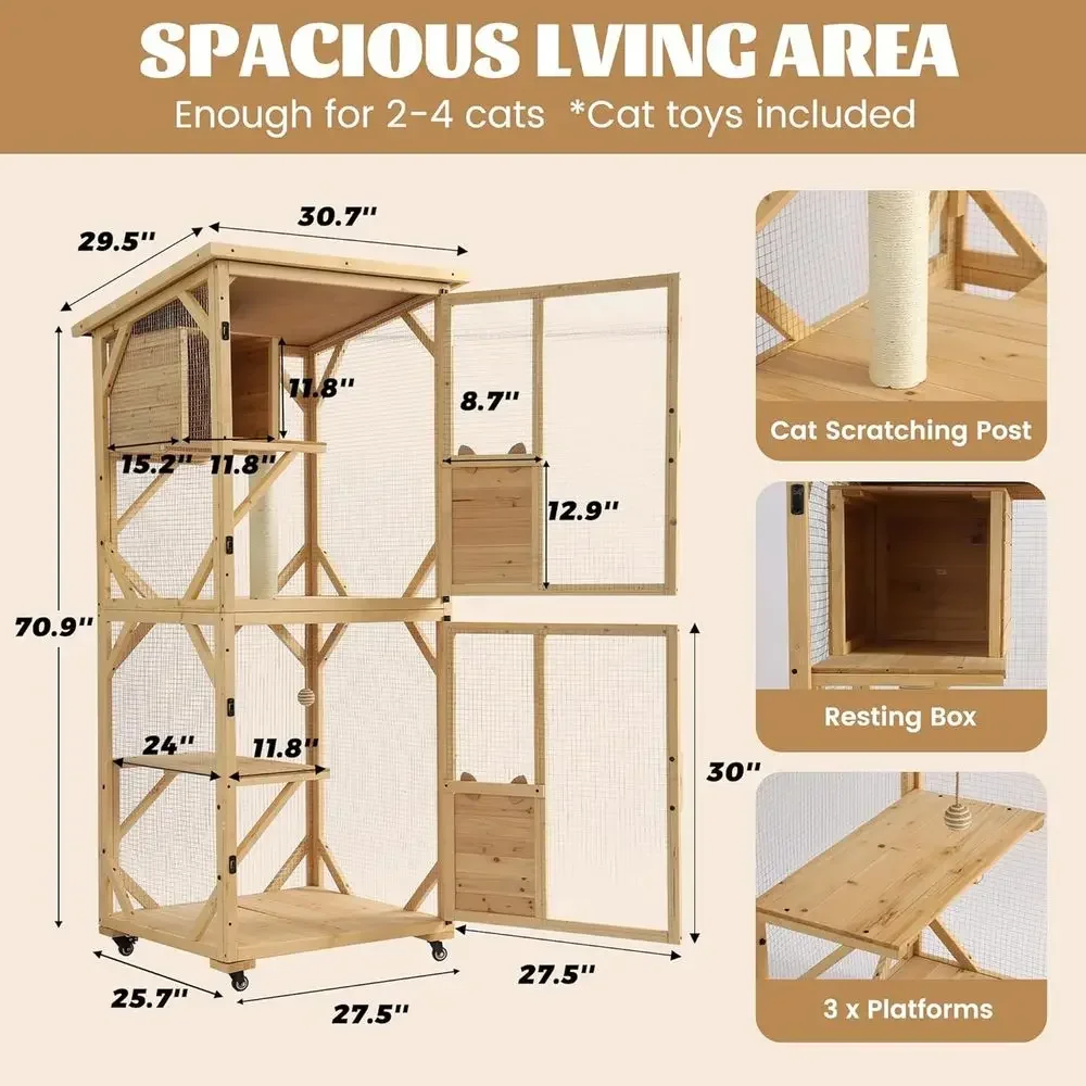 Outdoor Cat Enclosure with 4-Tier Playpen, Wheels, Resting Box, Waterproof Roof, Indoor Large Cat House Cage, and Scratching Pos view 3