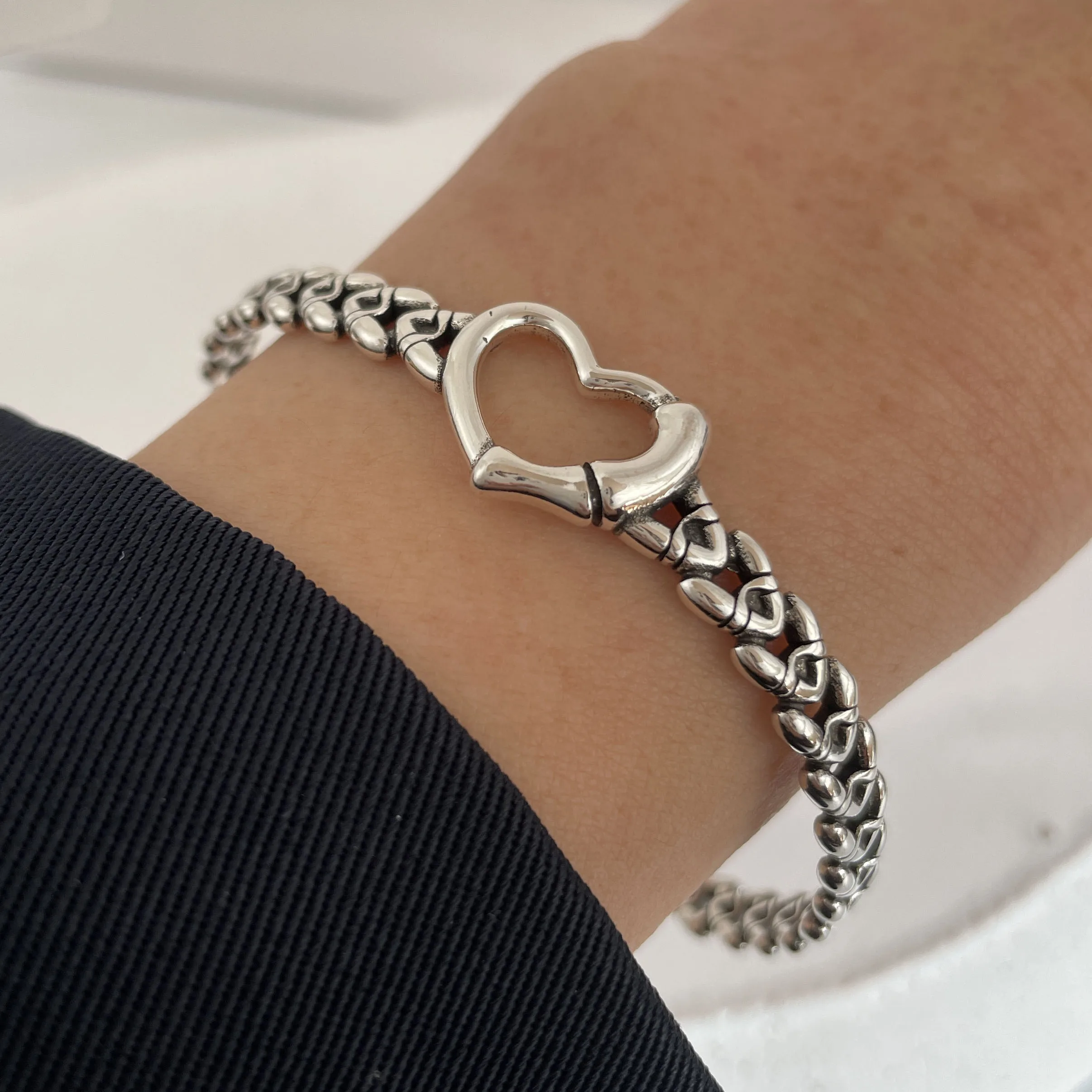 100% Solid 925 Sterling Silver Metal Bracelet for Women Vintage Handmade Simple Retro Chain Heart Bracelet Birthday Gift Party