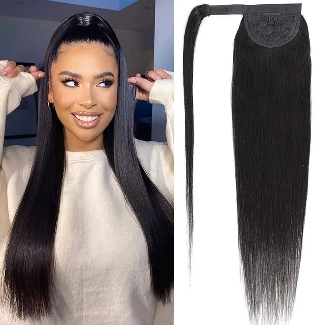 Cheap Ponytail Human Hair Straight Brazilian Remy Ponytail Hairstyles 100% Natural Hair Clip in Extensions Wrap Around Horsetail