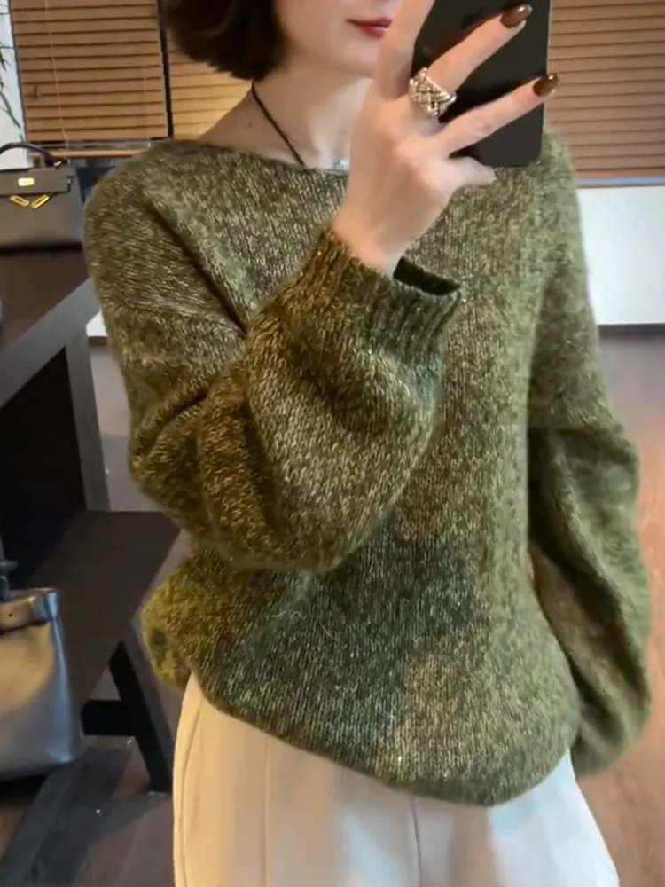 

Ретро-круглый свитер, осенняя новинка, универсальный, больших размеров, стройнящий, теплый, длинный, вязаный трикотаж