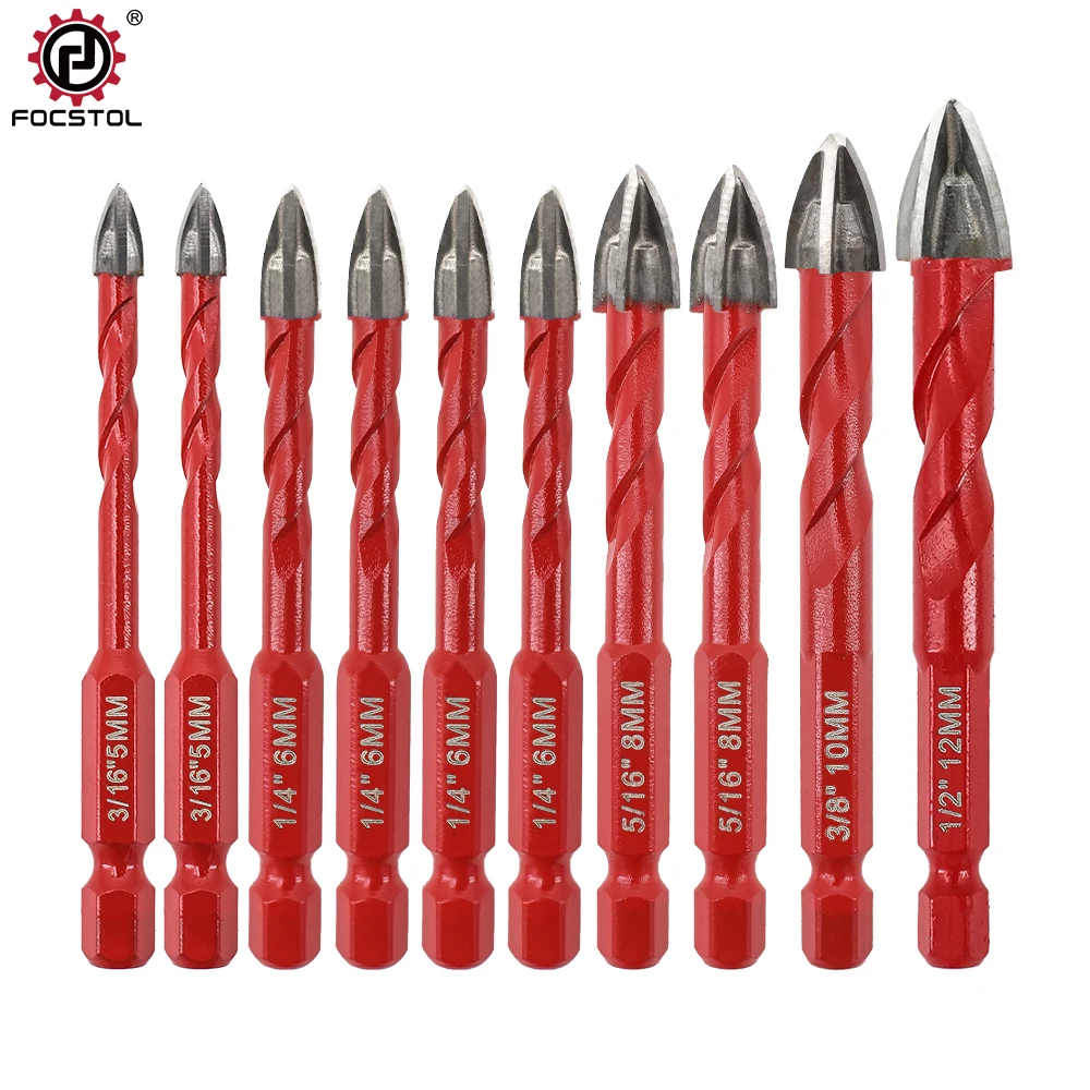 FOCSTOL Punta a nucleo in carburo 5-12 mm, set da 10 punte da trapano con attacco rapido, sega a tazza con punta, per lavorazione del legno, plastica, muratura e piastrelle in ceramica