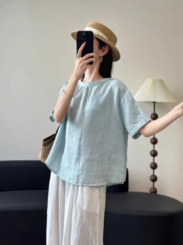 Retro Cotton Linen ort Sve irt Women Summer Casual Loose Folded Collar round Ne Linen T-irt Top Commute Sle