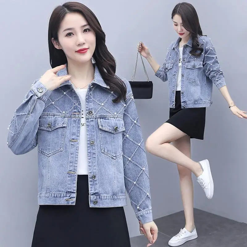 

Women Cowboy Jacket Nice Autumn Denim Coat Heavy Lndustry Beads Jeans Jackets Female Casual All-match Tops Women's Coats C918