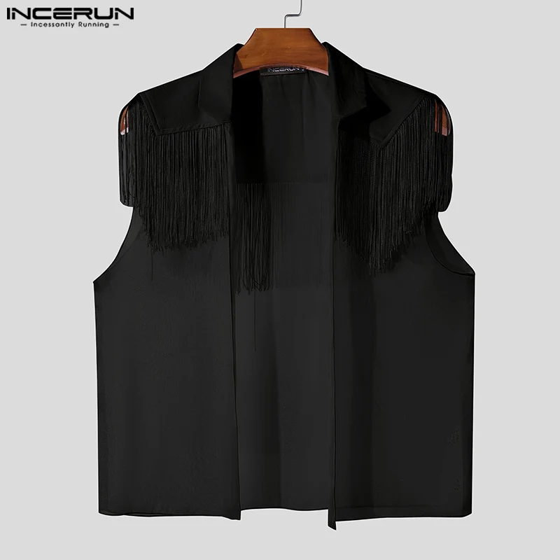 

INCERUN Men Shirt Tassel Lapel Sleeveless Open Stitch Male Cardigan Crop Tops Streetwear Summer 2025 See Through Fashion Shirts