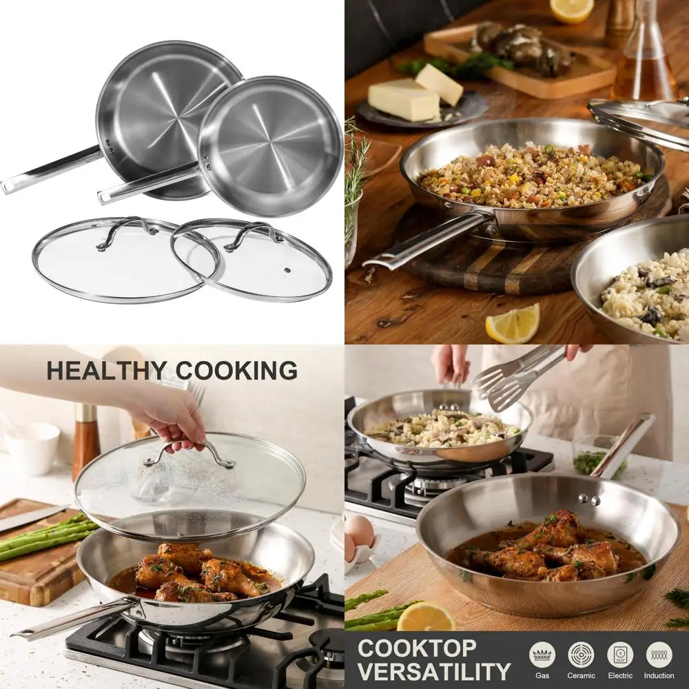

Stainless Steel 4-Piece Frying Pan Set with Lids and Cool Handles, Non-Stick PFOA-Free, Suitable for Skilled Cooking