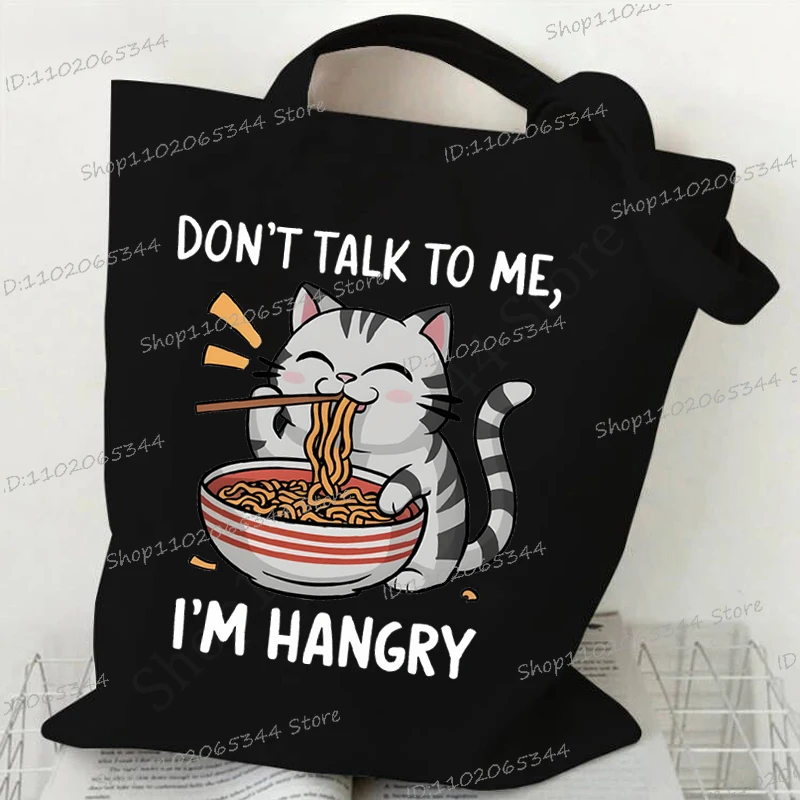 Ramen Cat Women's Handbag Cat Lover Gift Canvas Tote Bag Kawaii Japanese Anime Cat Shopping Bags Noodle Foodies Men Shoulder Bag