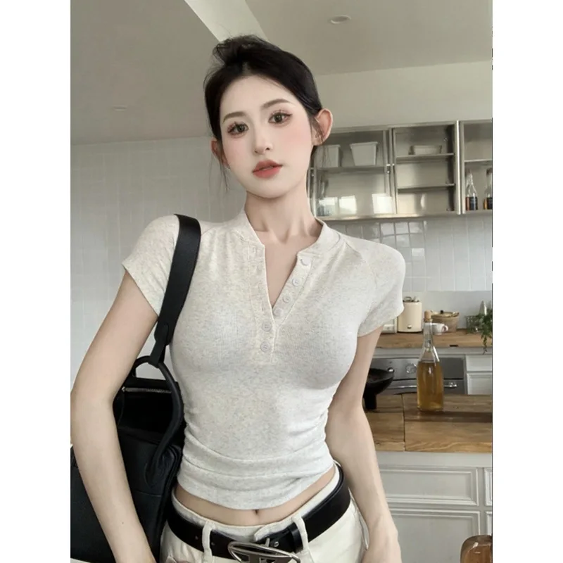 

Half Open Collar For Women, Spring Ribbed Sleeve Top, Slim Ruched Sexy