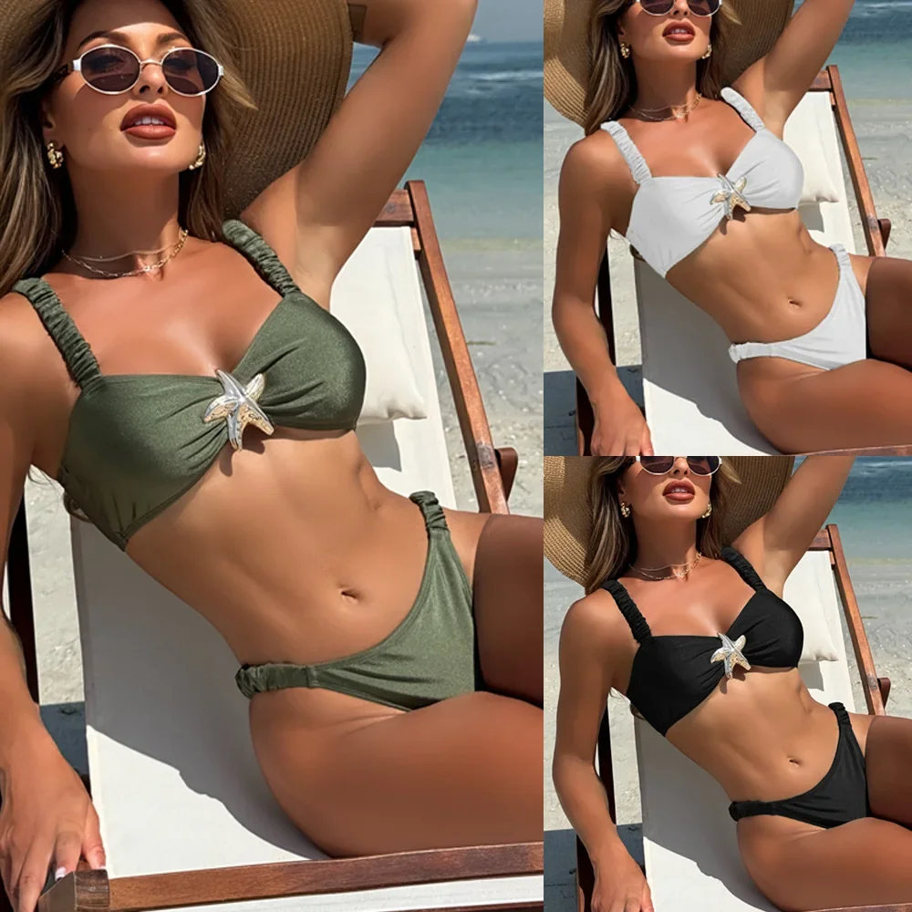 

2025 new solid color fashion high-waist split swimsuit women's two-piece split nylon glossy swimsuit