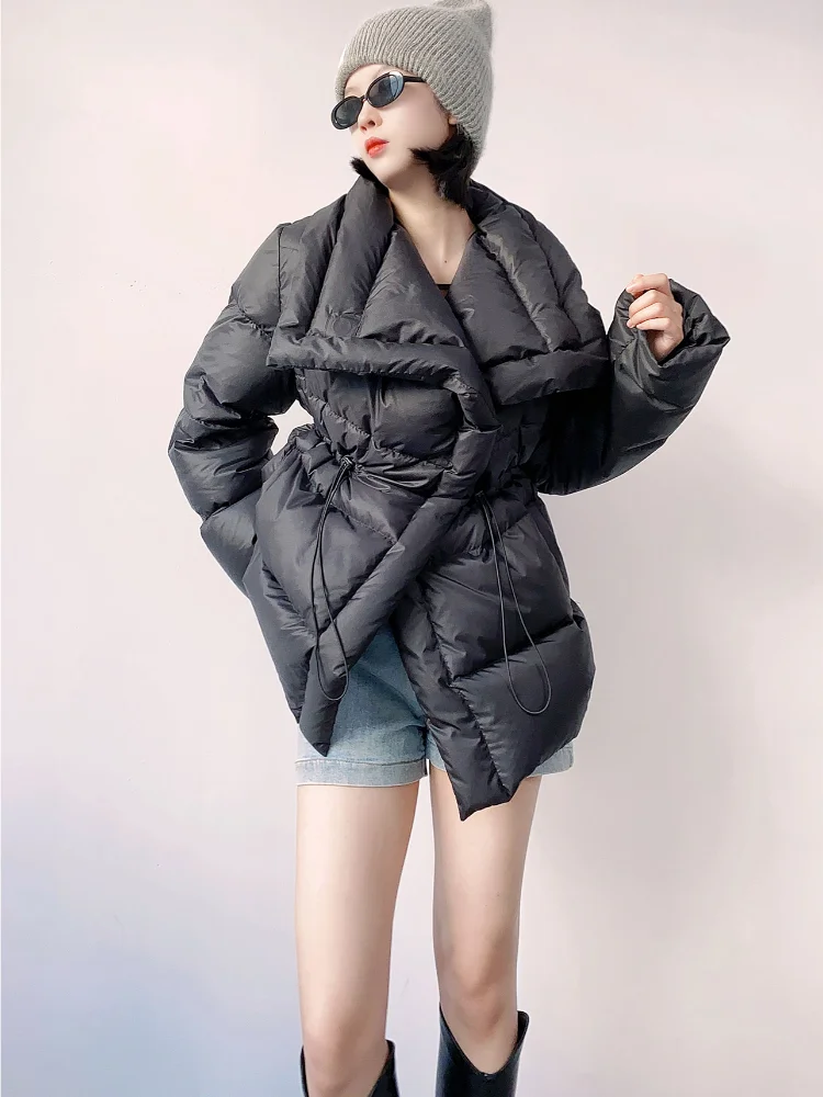 White Duck Down Coat for Women, Large Lapel Down Collar, Drawstring Waist Loose Long Jacket Winter Jackets, New Arrival Fashion