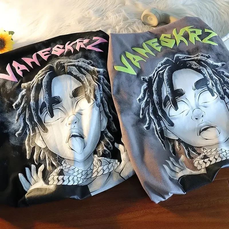 Pure Cotton American Retro Trendy Short Sleeved Oversize Men and Womenloose Fitting Street Hiphop Character Ins Style T-shirttop