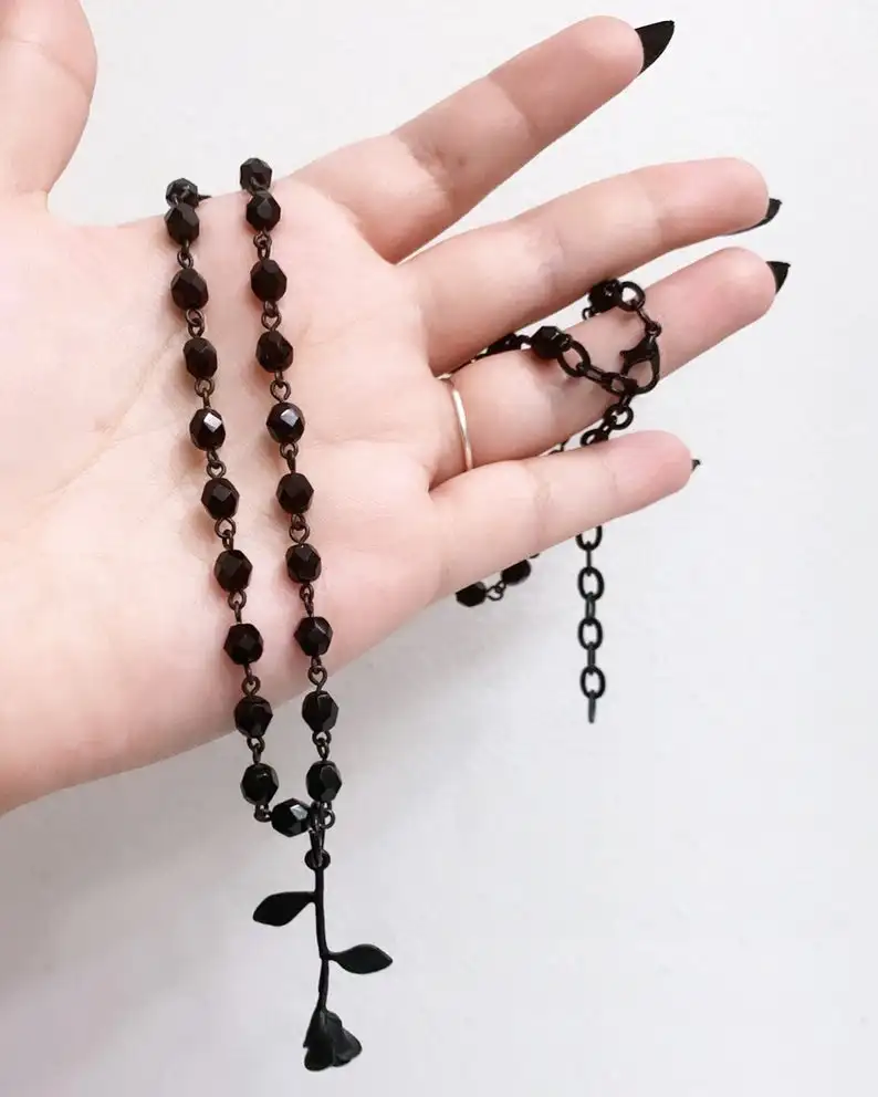 New Black Rose Necklace Beaded Rosary Chain Inverted Black Rose Black Glass Beads Handmade Necklace Pendant