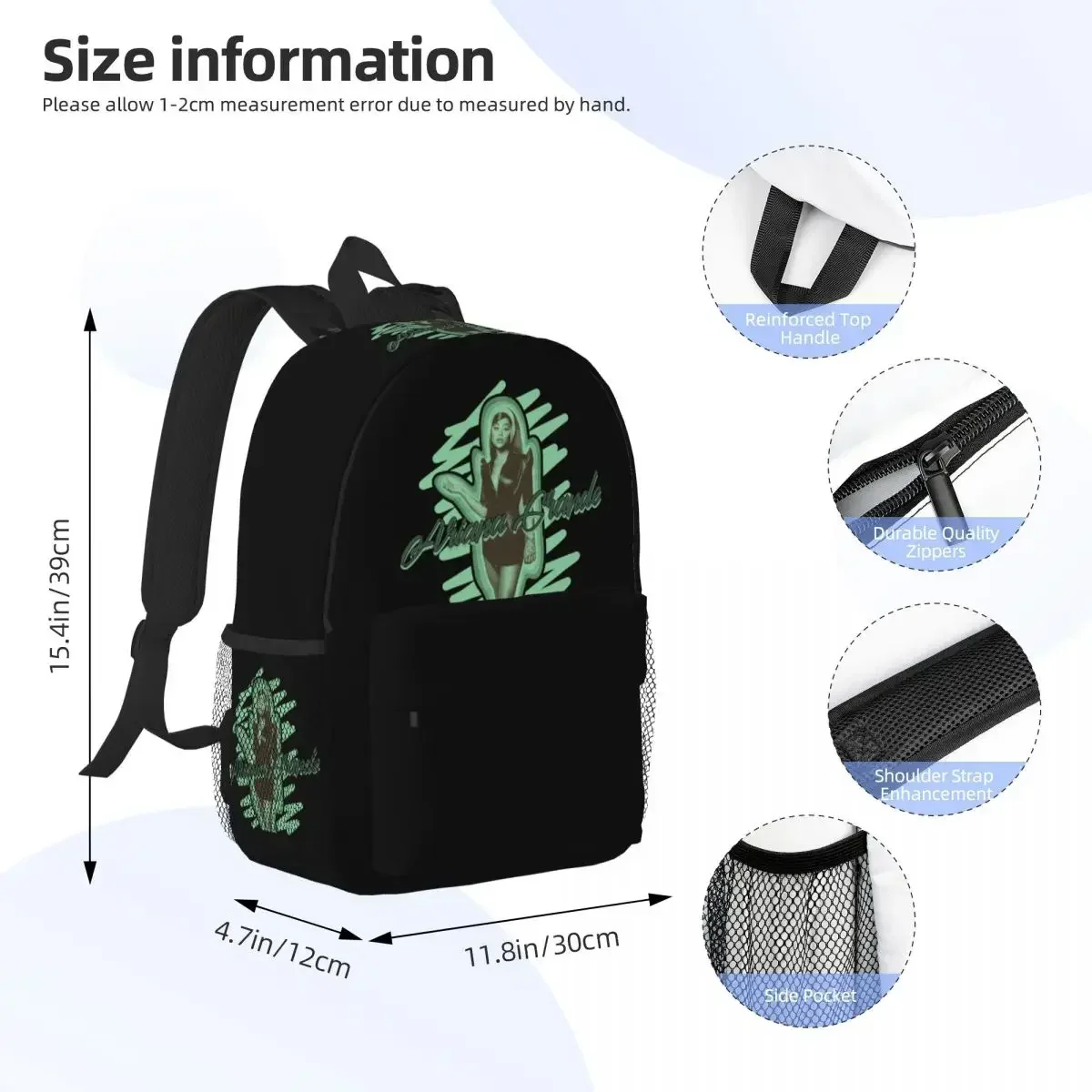 Green Theme SInger Ariana Grande Backpack Hot Sale Daypack Large Capacity Boy Girl BookBag Shoulder Bag for Men Women School Bag