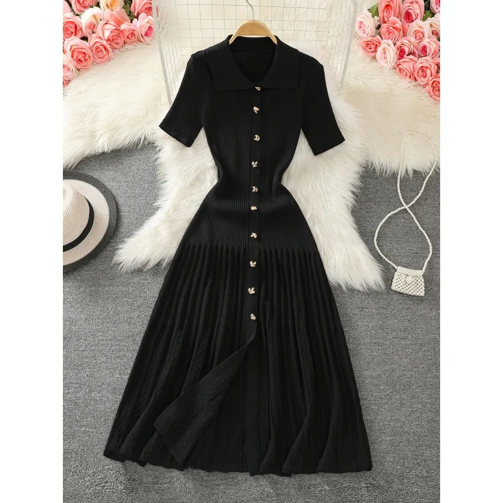 sweet Peter pan Collar knit Single Breasted Dress French Party Elegant Summer Sexy Slim Women sweet dresses