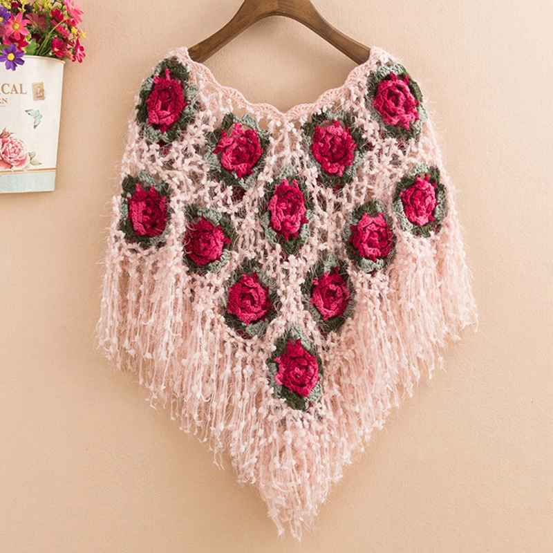 Women\'s Crochet Flower Sweater, Knitted Cloak, Short Tassels, Pullovers, Female Craps
