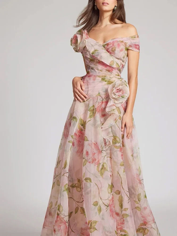 

Evening Dresses for Women Sweet Floral Printing Slash Neck Short Sleeve High Waist Spliced Appliques Long Party Dress Female