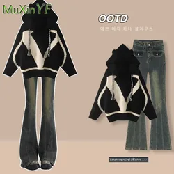 Conjunto solto de duas peças de malha para mulheres, suéter com capuz, jeans micro queimado, calça jeans coreana, terno elegante, inverno, novo, 2023