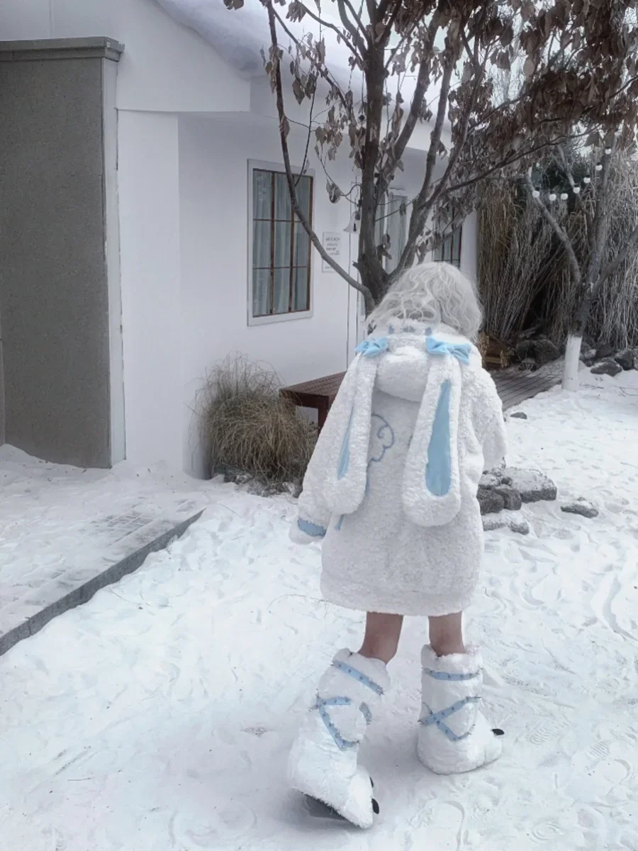 Abrigos de invierno Y2k para mujer, subcultura japonesa 2D, bonito lazo con orejas de conejo, bordado con capucha, chaquetas largas gruesas y cálidas de felpa