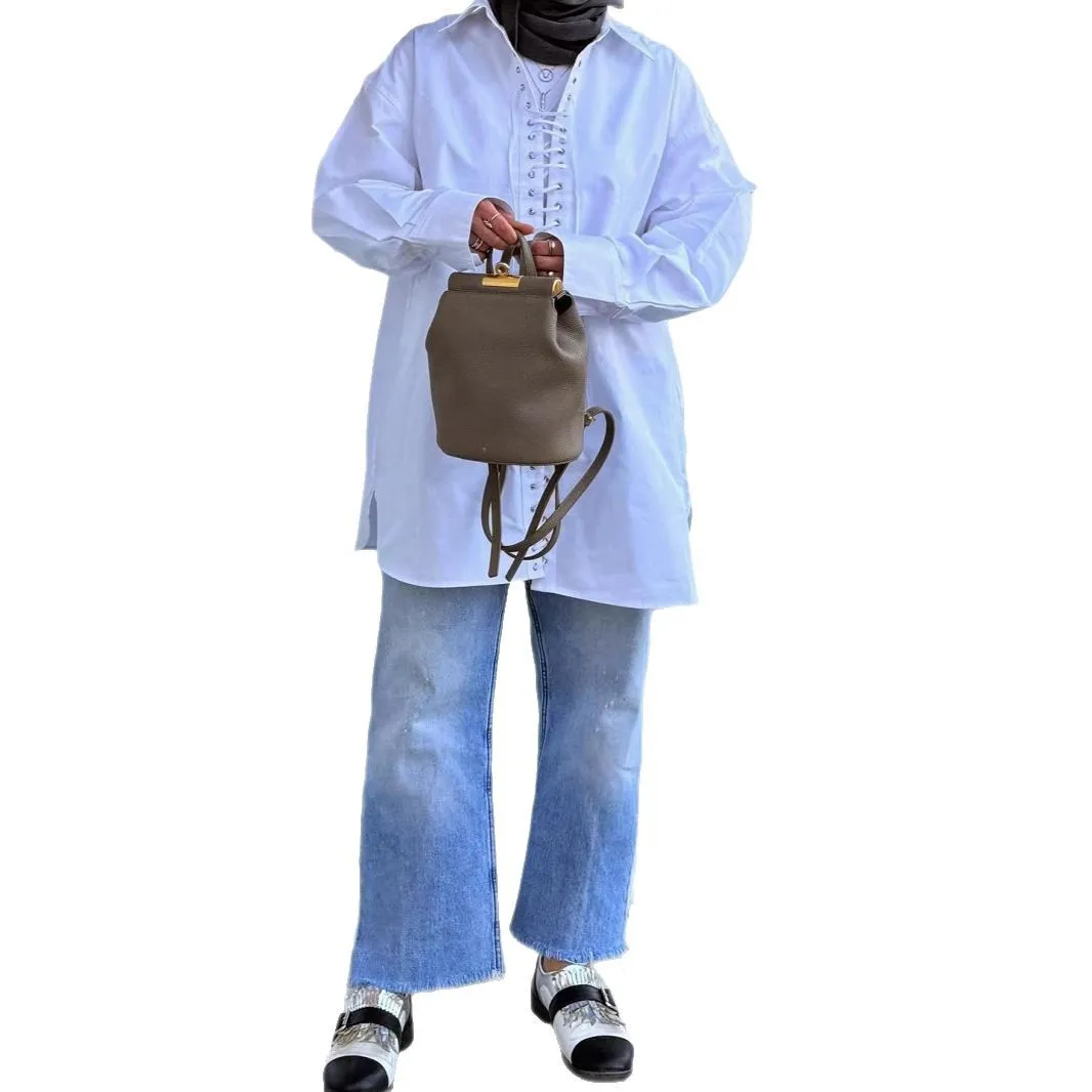 여성용 화이트 캐주얼 루즈 롱 셔츠, 우아한 긴소매 오버사이즈 블라우스, 가을 겨울 패션 레이스업 홀터넥 탑 2025