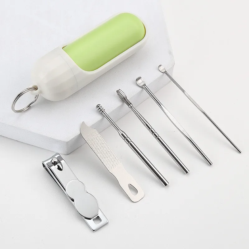 6Pcs/Set Purple Green Nail Clipper Durable Manicure Set With Storage Bag Nail Care Tool Pedicure Set Nail File Rotating Cylinder