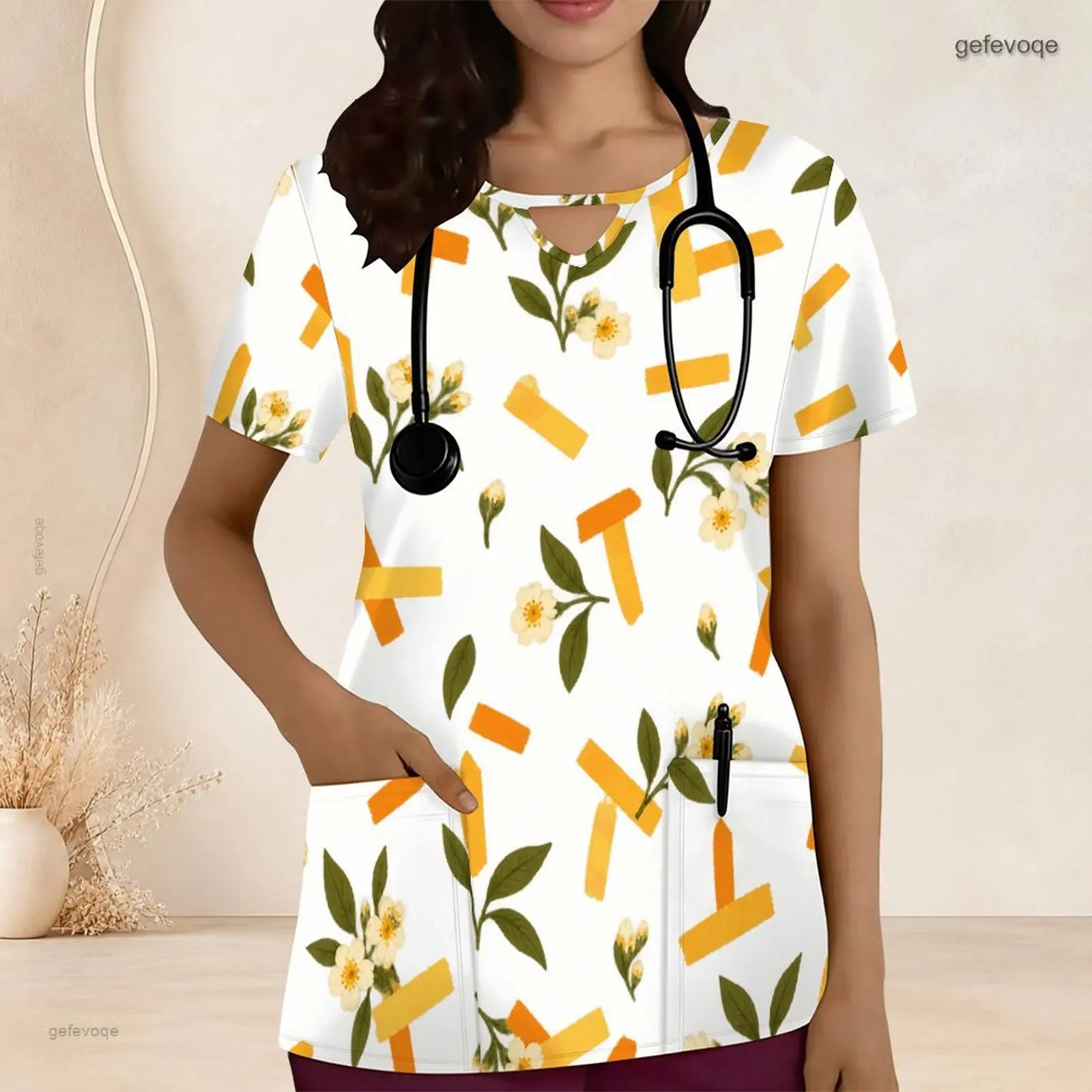 Women Short Sleeve Keyhole Neck Printed Scrub Top Floral and Orange Yellow Strip Pattern With Front Pockets