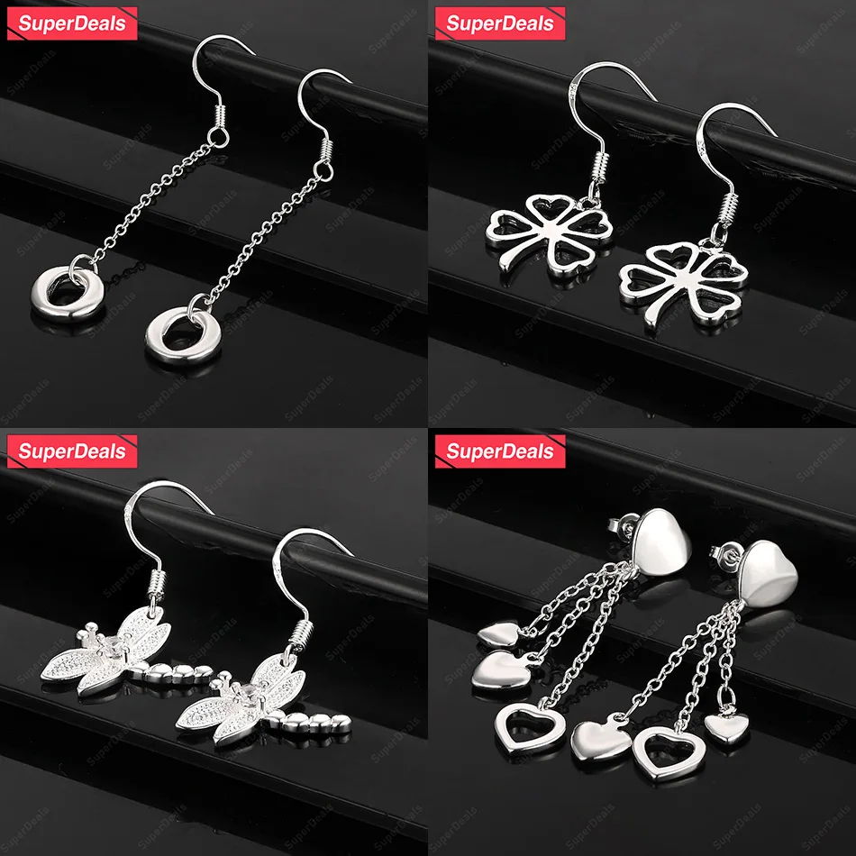

SuperDeals 925 Sterling Silver Heart Dragonfly Four Leaf Clover Round Drop Earrings Women Charm Engagement Party Fine Jewelry