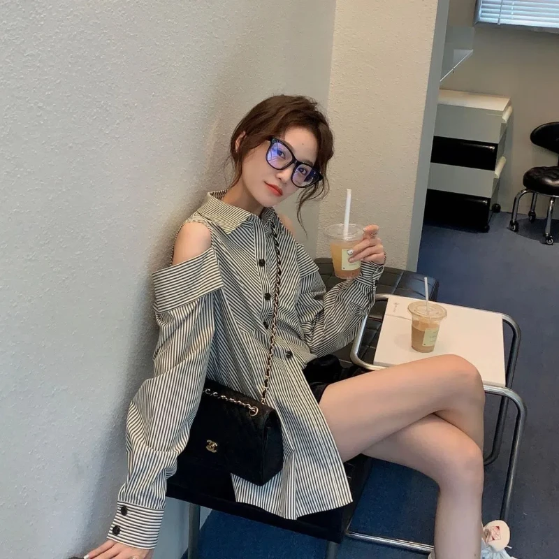 Lazy Style Loose Striped Blouse Spring Autumn Long Sleeve Polo Neck Off Shoulder Korean Shirt Tops Fashion Vintage Women Clothes