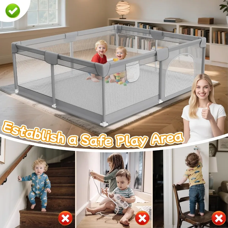 Cercadinho grande para bebês de 74 "x 50" - Cercadinho para bebês e crianças com malha respirável e 2 alças - Lei de segurança para cercadinho de bebê
