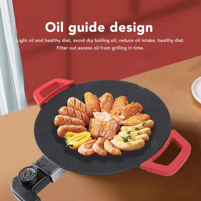 30cm Electric Grill Pan BBQ Griddle Concave Design Nonstick Coating Temperature Knob Adjustment Electric Grill Plate 110V/220V