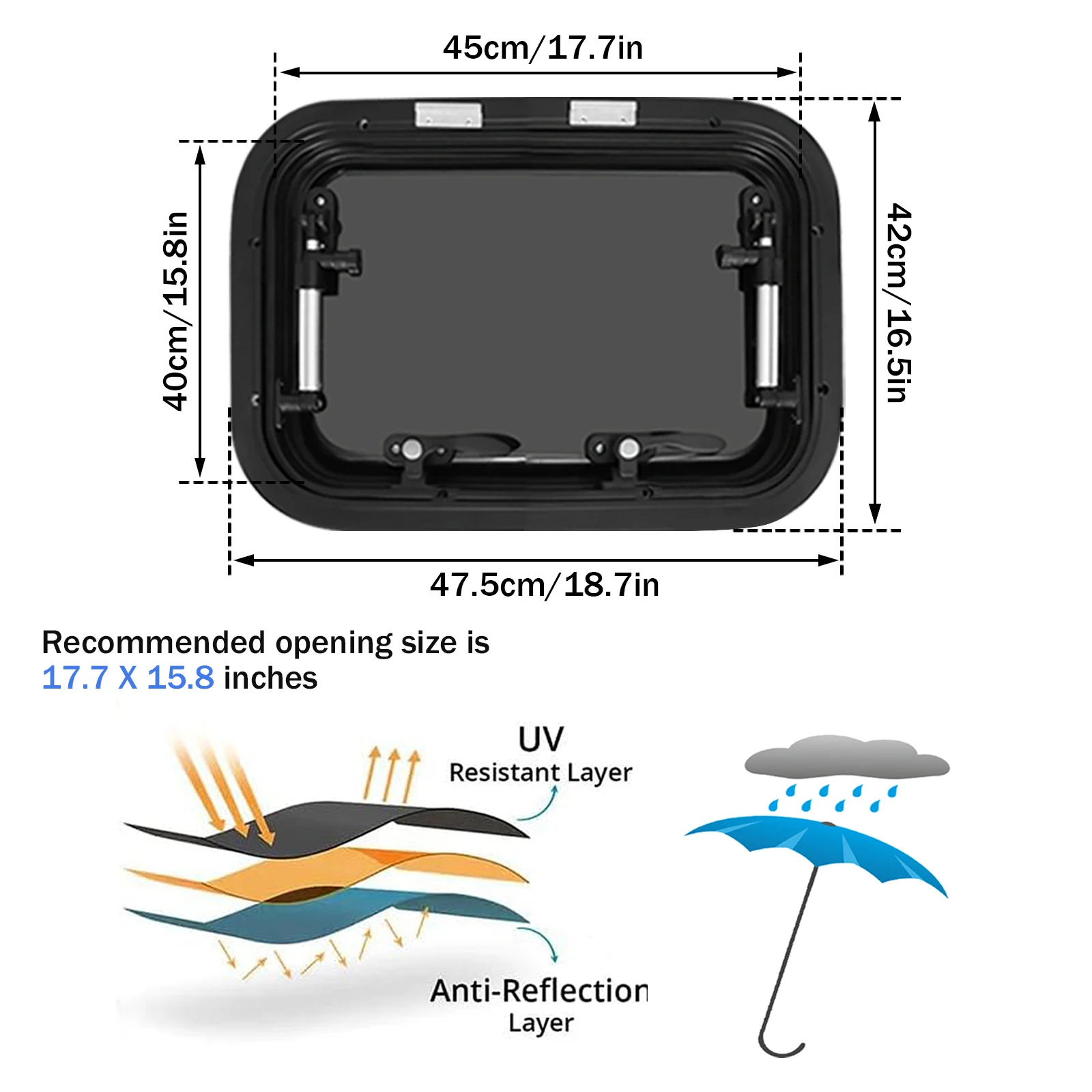 نافذة RV Emergency Egress مقاس 45 × 40 سم / 17.7 بوصة عرض × 15.8 بوصة ارتفاع - إطار من الألومنيوم - نافذة جانبية من الأكريليك للتخييم مع غطاء للخصوصية وشاشة #2
