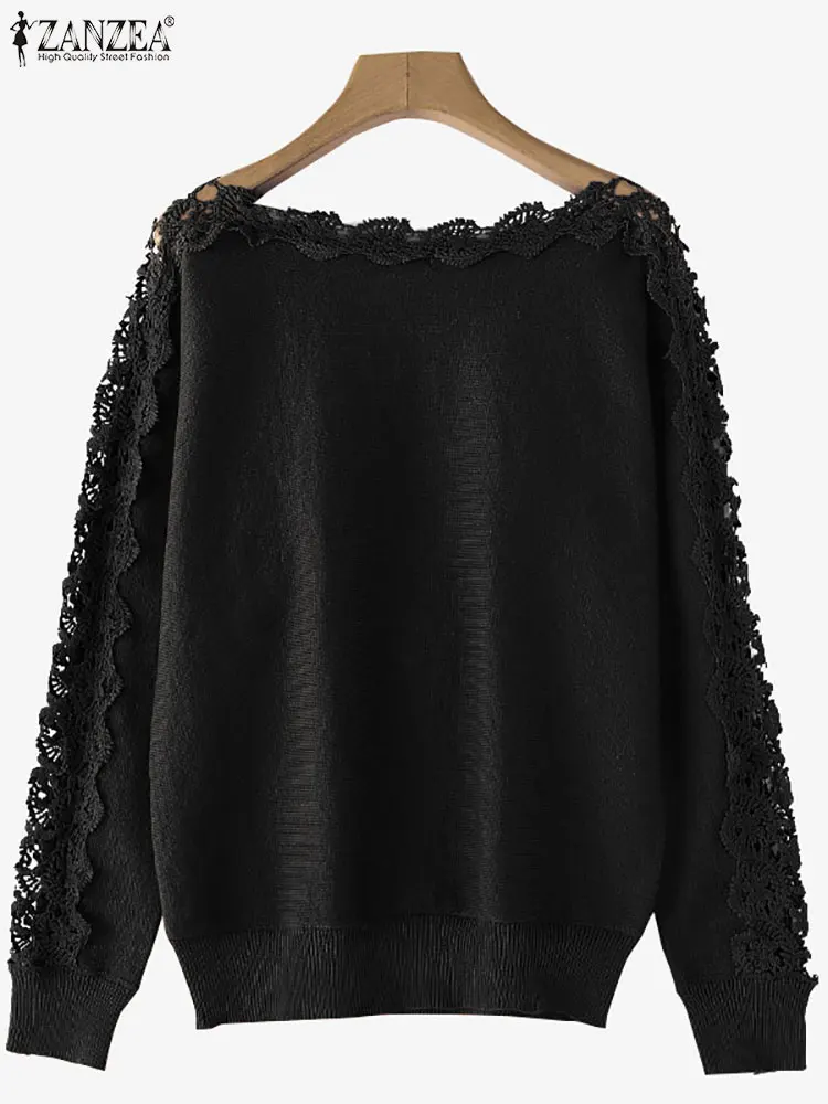 ZANZEA 2025 Herfst Vrouwen Truien Vintage Effen Truien Mode Elegante Jumpers Boothals Casual Patchwork Kant Tops Oversize