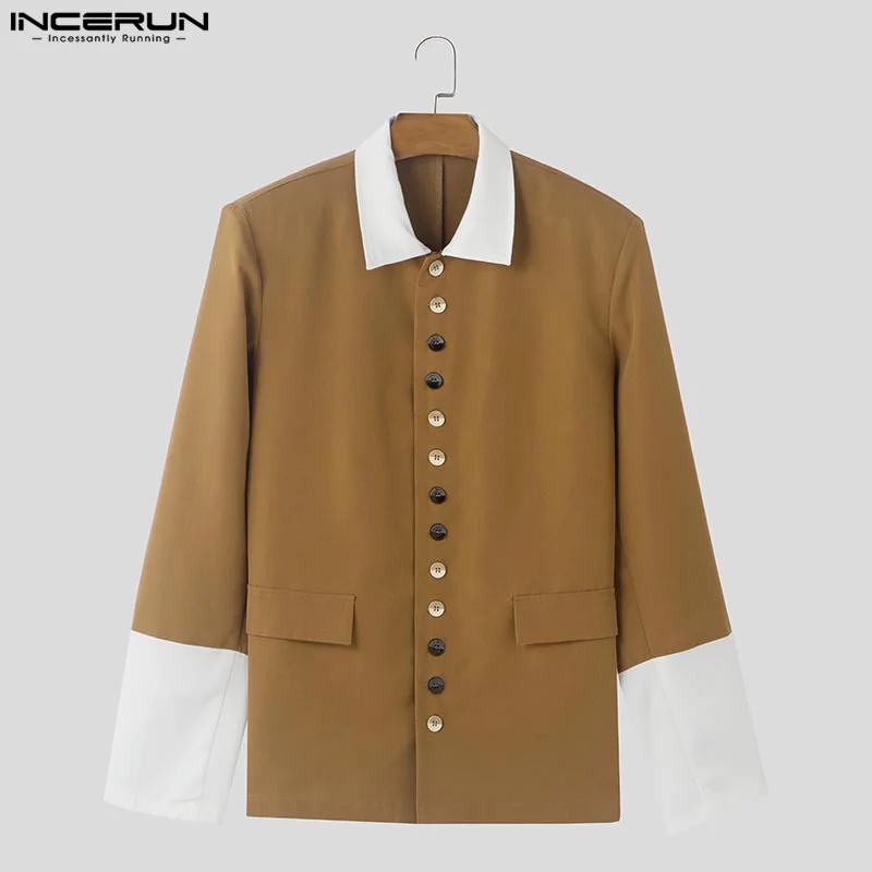 INCERUN Thin Blazer Men Suits  Long Sleeve Autumn Stitching Color Button Tops Streetwear Oversized Lapel  Casual Suits S-5XL