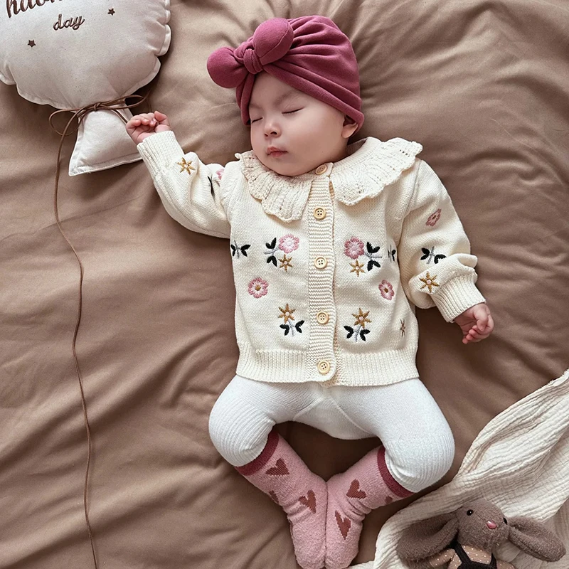 

Autumn Baby Sweater Girl Sweaters Cardigans Embroidery Flower Ruffled Cardigans Toddler Knitwear Jackets Kid Knit Clothes Tops
